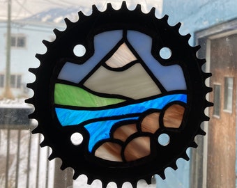 Mountain by the River Stained Glass in Recycled Bike Chain Ring