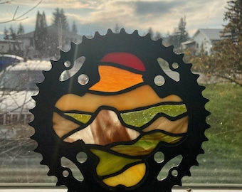 Warm Sunset Over the Mountains Stained Glass in Recycled Bike Chain Ring