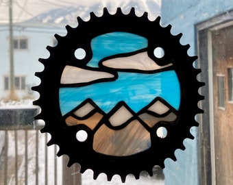 Three Snowy Mountain Peaks Stained Glass in Recycled Bike Chain Ring