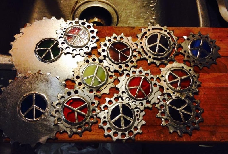 Small Bike Chain Ring with Stained Glass Peace Design. image 5