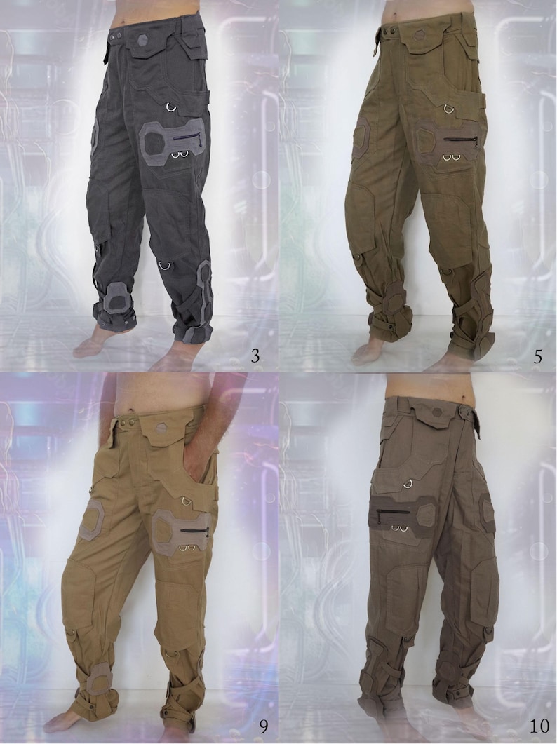 K&ouml;nnte beinhalten: Vier Paar Cargohosen mit einzigartigen Designs und Details. Die Hosen sind in verschiedenen Braunt&ouml;nen und Graut&ouml;nen gehalten. Die Hosen haben mehrere Taschen und Riemen.
