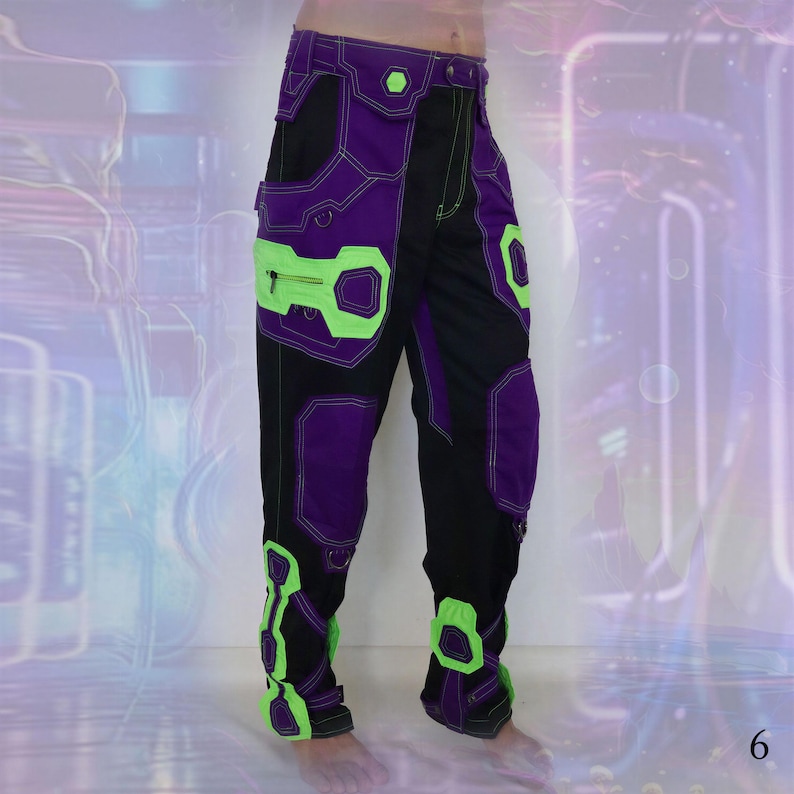 black, puople, and UV neon green cargo pants with multiple pockets and contrasting UV stitching. The pants have a futuristic, cyberpunk design with geometric shapes and accents.