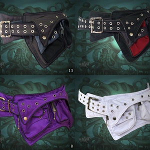 May include: Four different styles of black canvas fanny packs with adjustable belts and zippered pockets. The fanny packs are shown against a green background with an octopus design. The fanny packs are available in black, purple, white, and red.
