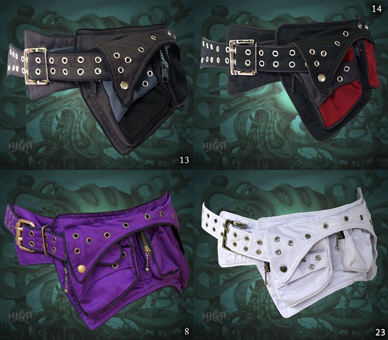 May include: Four different styles of black canvas fanny packs with adjustable belts and zippered pockets. The fanny packs are shown against a green background with an octopus design. The fanny packs are available in black, purple, white, and red.