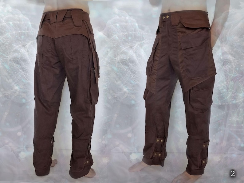 May include: Brown cargo pants with multiple pockets and adjustable straps at the ankles.