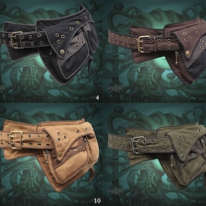 May include: Four different styles of canvas and leather waist bags with adjustable belts and multiple pockets. The bags are in various shades of brown, black, and green.