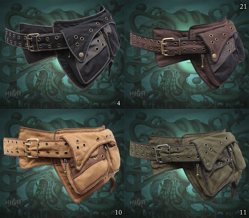 May include: Four different styles of canvas and leather waist bags with adjustable belts and multiple pockets. The bags are in various shades of brown, black, and green.