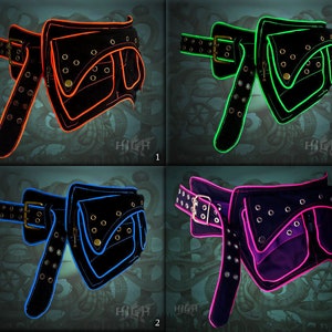 May include: Four black canvas belts with a large pocket on the side. The belts are trimmed with neon orange, green, blue, and pink.