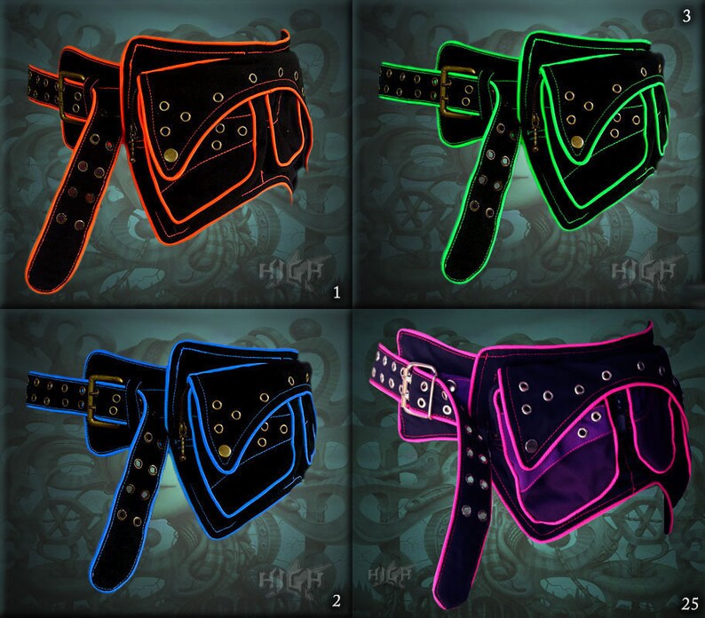 May include: Four black canvas belts with a large pocket on the side. The belts are trimmed with neon orange, green, blue, and pink.