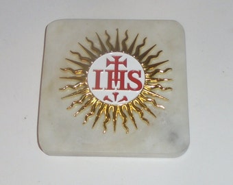 Jesuit IHS Seal Monogram Christogram Marble Desk Paperweight Catholic Church Award Italy Italian Holy Land Award Christian Gift