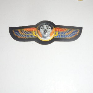 May include: A black winged patch with a round, gold-rimmed image of a face with a spider on its nose. The wings are blue, red, and yellow.