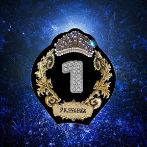 May include: A black and gold embroidered patch with a crown, the number one, and the word "Princess" on a dark blue background.