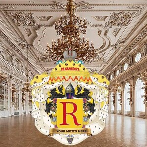 May include: A heraldic crest with a yellow and black design, featuring a large red letter "R" on a yellow background. The crest includes a crown and the text "YOUR MOTTO HERE" on a banner. The background is a grand ballroom.