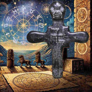 May include: A dark gray, cross-shaped sculpture with a skull-like head and a swastika symbol on the chest. The background features a zodiac wheel, lion statues, and an ancient-looking structure, creating a mystical theme.