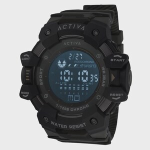 May include: A black digital sports watch with a round face and a textured silicone strap. The display shows the date 2/27 and time 10:10:35. The bezel features the text ACTIVA, WATER RESIST, 1/100S CHRONO, and buttons labeled LIGHT, START, MODE, and RESET.