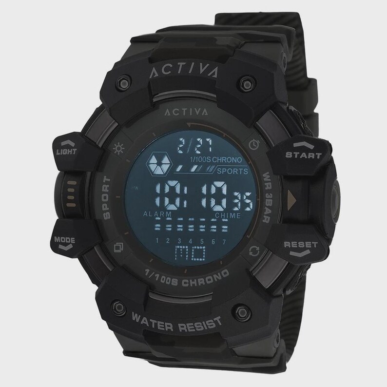 May include: A black digital sports watch with a round face and a textured silicone strap. The display shows the date 2/27 and time 10:10:35. The bezel features the text ACTIVA, WATER RESIST, 1/100S CHRONO, and buttons labeled LIGHT, START, MODE, and RESET.