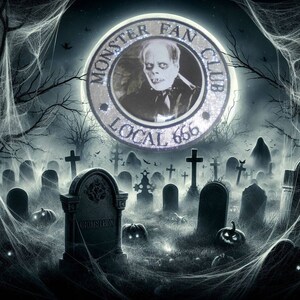 May include: A black and white image of a graveyard with a spooky moon in the background. The moon has a silver glitter design with the words "Monster Fan Club Local 666".