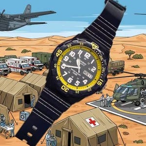 May include: Black and yellow digital watch with a black band. The watch face displays the time and day. The background shows a desert scene with military vehicles, tents, and aircraft, suggesting a medical or rescue operation.