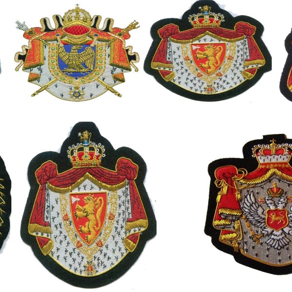 Custom Design Bespoke Royal Heraldic Heraldry Family Coat Arms Crest Seal Jacket Robe Vest Blazer Jacket Bullion Hand Sewn Patch Badge Crown