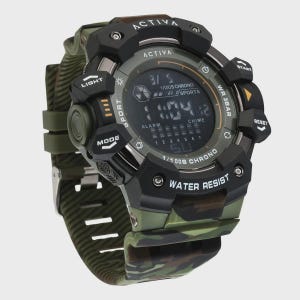 May include: A digital wristwatch with a camouflage pattern strap and a black bezel. The watch face displays the text ACTIVA, 1/100S CHRONO, SPORTS, ALARM, CHIME, and WATER RESIST. Buttons labeled LIGHT, MODE, START, and RESET are on the bezel.
