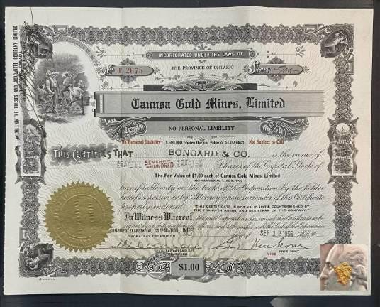 Original Gold Miner Stock Certificate With Real Gold Nugget Sample ...