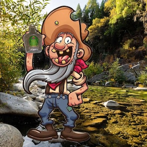 May include: Cartoon illustration of a prospector holding a bottle with a green label. The prospector has a large hat, a long white beard, and is wearing blue jeans and brown boots. The background is a river scene with trees.