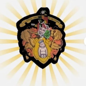 May include: A black patch with the words "ROYAL ORDER OF JESTERS" in gold lettering. The patch features a jester figure, masks, and a crowned figure. The background has yellow rays.