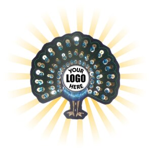 May include: A blue and gold peacock with a white circle in the center that says "YOUR LOGO HERE". The peacock is on a yellow and white background.