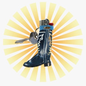May include: A blue cowboy boot keychain with a gold design and a BIC lighter attached to the top. The keychain is on a yellow and white sunburst background.