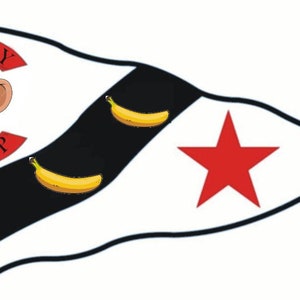 May include: A white flag with a black diagonal stripe and a red star. The stripe has three yellow bananas on it. The top left corner has a red circle with the words "CRAZY CHIMP" and a cartoon monkey face.