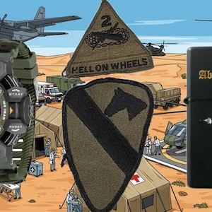 May include: An Activa digital watch with a green camouflage strap, a black lighter with "Abrams M1A1" text and tank graphic, and military patches with unit insignias are featured in this image. The background depicts a desert scene with military vehicles.