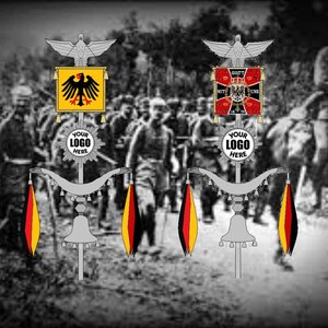 May include: A grayscale image featuring several ornate silver standards with flags. Each standard has a decorative top with an eagle, a shield, and a banner with the text "YOUR LOGO HERE". The flags are red, black, and yellow.