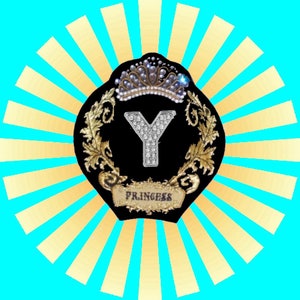 May include: A black and gold princess crown with a large rhinestone letter Y in the center. The crown is surrounded by a sunburst pattern.