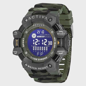 May include: A digital wristwatch with a camouflage pattern strap and case. The watch face features a blue backlit display showing the time 12:12, the date 2/10, and text including ACTIVA, 1/100S CHRONO, SPORTS, ALARM, CHIME, and WATER RESIST.
