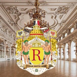 May include: A coat of arms with a large red "R" in the center, surrounded by a yellow and gold design. The coat of arms is set against a backdrop of a grand, ornate room with a high ceiling and chandeliers. The text "Gott mit uns" and "Your Motto Here" are visible on the coat of arms.
