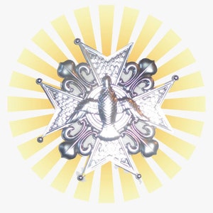 May include: A silver-colored emblem featuring a central dove with outstretched wings, surrounded by a star-shaped design. The emblem is set against a yellow and white radial burst background, creating a striking visual contrast.