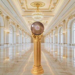May include: A golden pillar with ornate detailing supports a brown, circular object with the letters "IHS" in white. The background is a grand hall with white walls, gold accents, and a reflective marble floor.