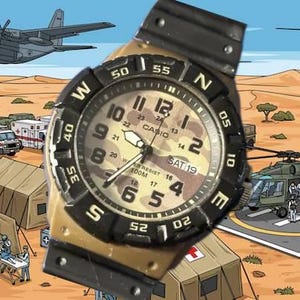 May include: A Casio watch with a camouflage face and black bezel, set against a desert scene with military aircraft, ambulances, and medical tents. The watch shows the date.