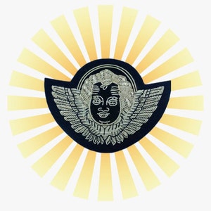 May include: A navy blue embroidered patch featuring a stylized face with wings, surrounded by silver thread detailing. The patch is set against a background of yellow and white radiating lines, creating a sunburst effect.