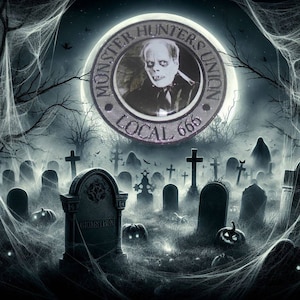 May include: A black and white image of a graveyard with a full moon in the background. The moon has a silver badge with the words "Monster Hunters Union Local 666" on it. The badge features a black and white image of a man with a pale face and dark hair.