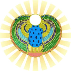 May include: A colorful, ornate, winged scarab beetle design with a circular, white center. The design is surrounded by a yellow sunburst.