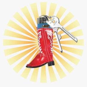 May include: A red cowboy boot with a white design is attached to a silver Swiss Tech Utility Key keychain. The keychain is attached to a blue and white BIC lighter.