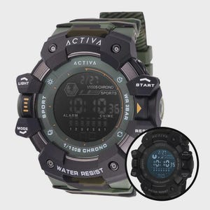 May include: A digital wristwatch with a camouflage-patterned strap and a black bezel. The watch face displays the text ACTIVA, 1/100S CHRONO, SPORTS, ALARM, CHIME, and WATER RESIST. Buttons labeled LIGHT, START, MODE, and RESET are on the sides.