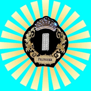May include: A black and gold princess crown with a diamond-shaped jewel in the center. The crown is surrounded by a golden sunburst pattern on a turquoise background.