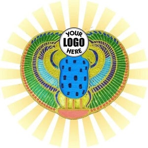 May include: A colorful, stylized image of the Egyptian Scarab beetle with wings, surrounded by a sunburst pattern. The text "YOUR LOGO HERE" is in a white circle at the top of the image.