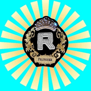 May include: A black and gold crest with a large, jeweled letter R in the center. The crest is topped with a crown and the word "PRINCESS" is written on a banner below the letter. The crest is surrounded by a yellow sunburst on a blue background.