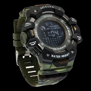 May include: A digital sports watch with a camouflage patterned strap and a black bezel. The watch face displays the text ACTIVA, 1/100S CHRONO, SPORTS, ALARM, CHIME, and WATER RESIST. The buttons are labeled LIGHT, MODE, START, and RESET in white text.