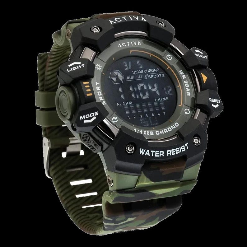 May include: A digital sports watch with a camouflage patterned strap and a black bezel. The watch face displays the text ACTIVA, 1/100S CHRONO, SPORTS, ALARM, CHIME, and WATER RESIST. The buttons are labeled LIGHT, MODE, START, and RESET in white text.