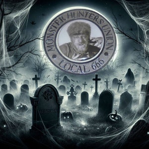 May include: A black and white image of a graveyard with a full moon in the background. The moon has a silver badge with the words "Monster Hunters Union Local 666" and a picture of a werewolf inside. The badge is surrounded by cobwebs.