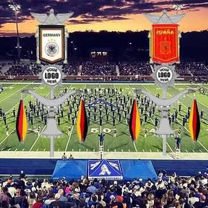 May include: A stadium scene with a marching band performing on a green field. Flags representing Argentina, Germany, Spain, and Brazil are displayed. The sky is a mix of orange and blue, with a crowd in the foreground.